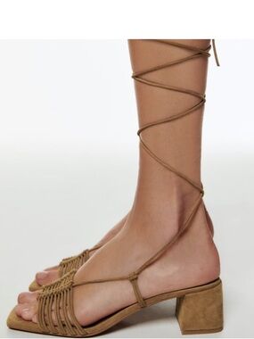 Zara Lace-Up Strappy Block Heel Sandals in Tan